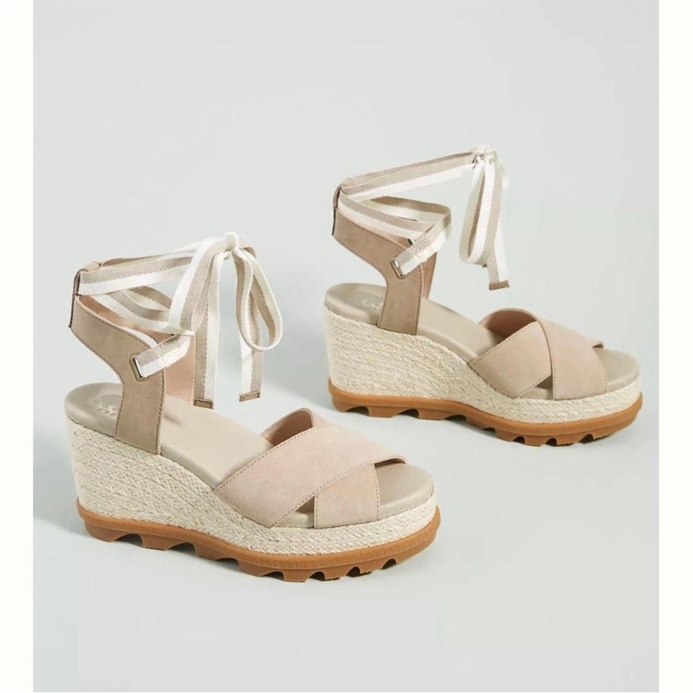 Sorel womens Joanie tan hi ankle lace wedge sandals size 9